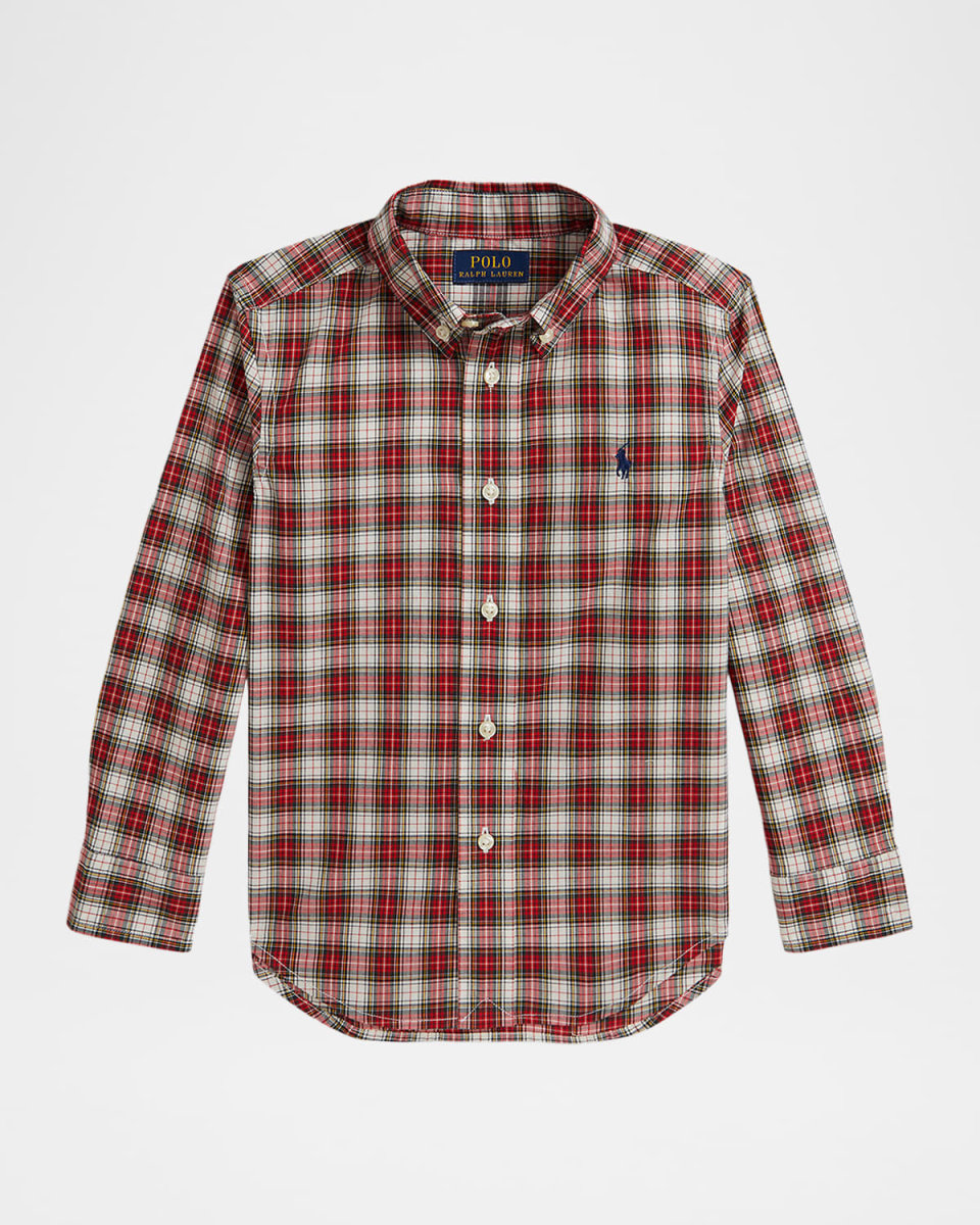 Boy's Plaid Cotton Poplin Button-Front Shirt, Size 2-7